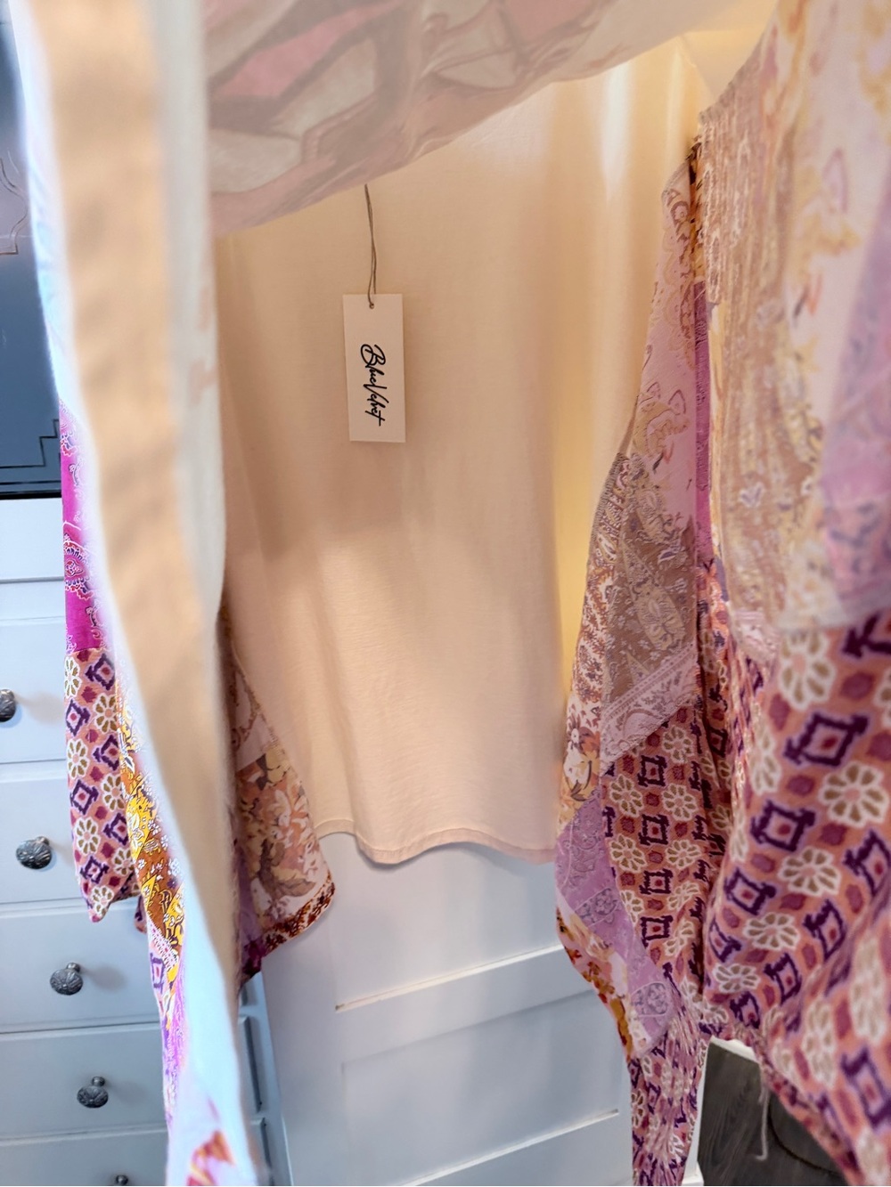Bohemian Patchwork Cowboy Pullover t-shirt with butterfly wings . Cream & Pink - Picture 7 of 9